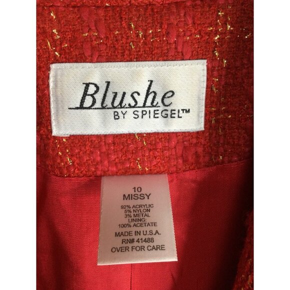 Vintage Tweed Skirt Blazer Jacket Set Suit Red Gold Metallic Fringe Detail - Picture 4 of 8